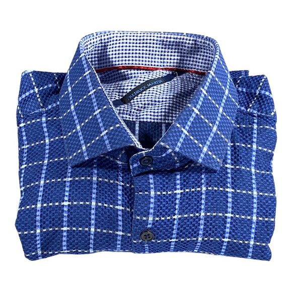 Fredrick Martin Shirt Mens M Cotton Blue Plaid Textured Embroidered Logo Pocket - Picture 1 of 16